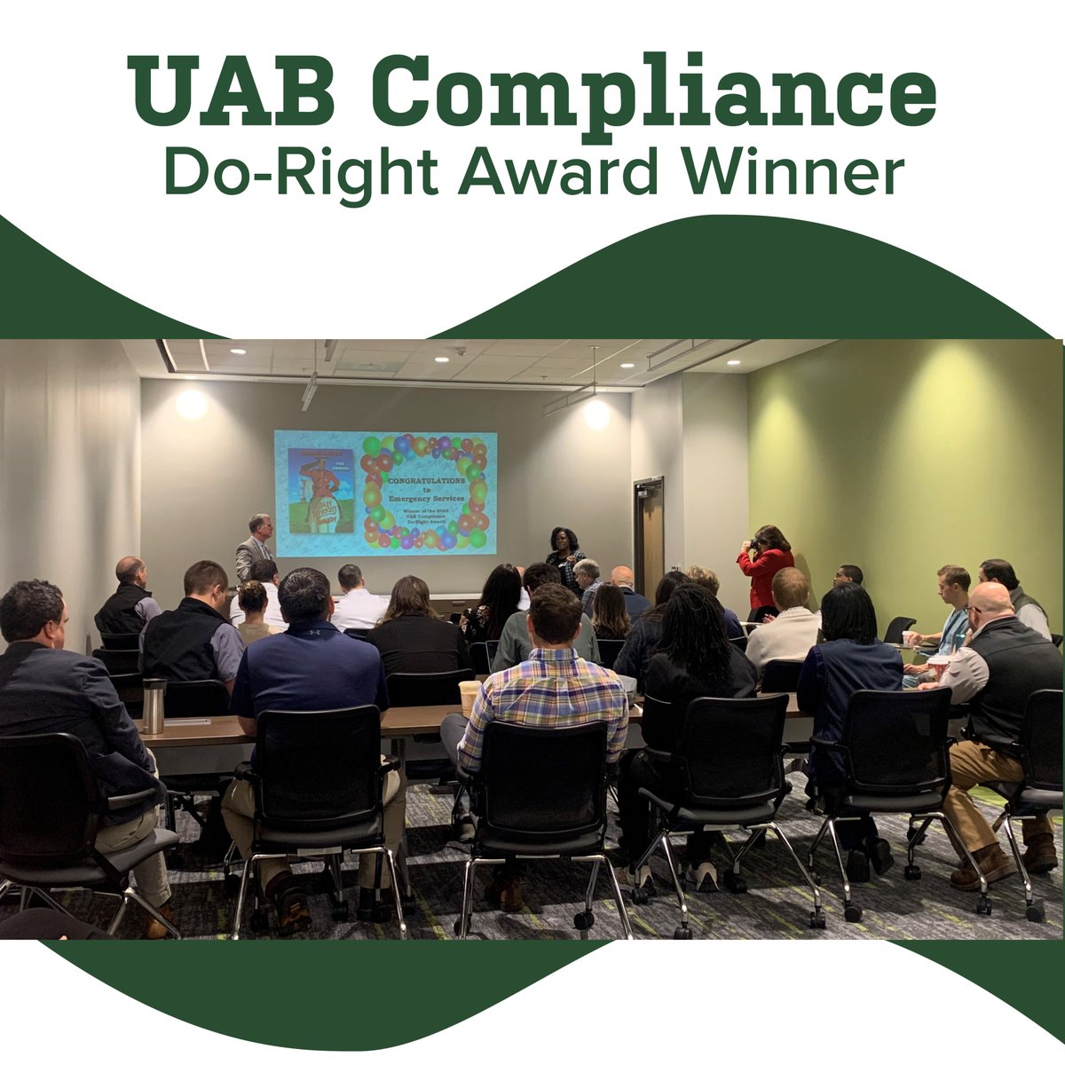 During our most recent faculty meeting, Chief Compliance Officer Brian Bates presented Emergency Services with the 2022 UAB Compliance Do-Right Award! We are so proud to have a team that works hard while maintaining a compliant work-space. #uab #emergencymedicine