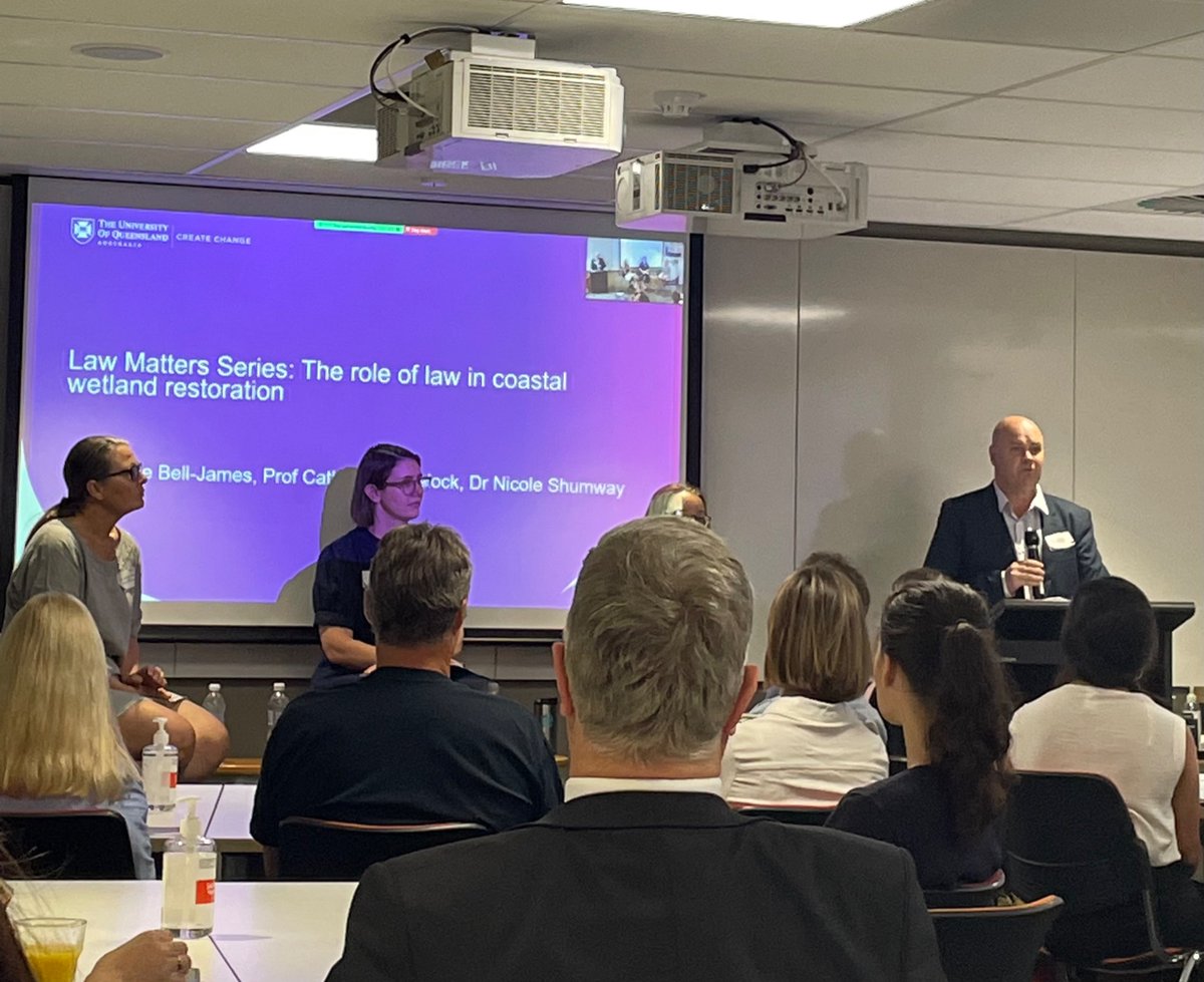 UQLaw's tweet photo. Law Matters Seminar Series!
Prof Rick Bigwood introducing the panel - @JustineBellJ @CathLovelock and @Nicki__S for the discussion on
the role of law in coastal wetland restoration
#UQLaw #UQscience #UQresearch https://t.co/zjqaYwW84L