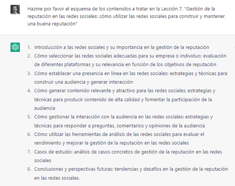 NewsReputation's tweet photo. ChatGPT, ayúdame a diseñar una asignatura sobre Métricas online para la reputación. Dame los temas, dame el esquema del tema, dame casos prácticos. Me los da. Y no está mal planteado. Los casos prácticos son buenos. https://t.co/se4Tq9YYU1