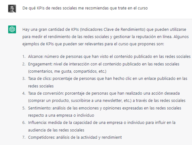 NewsReputation's tweet photo. ChatGPT, ayúdame a diseñar una asignatura sobre Métricas online para la reputación. Dame los temas, dame el esquema del tema, dame casos prácticos. Me los da. Y no está mal planteado. Los casos prácticos son buenos. https://t.co/se4Tq9YYU1