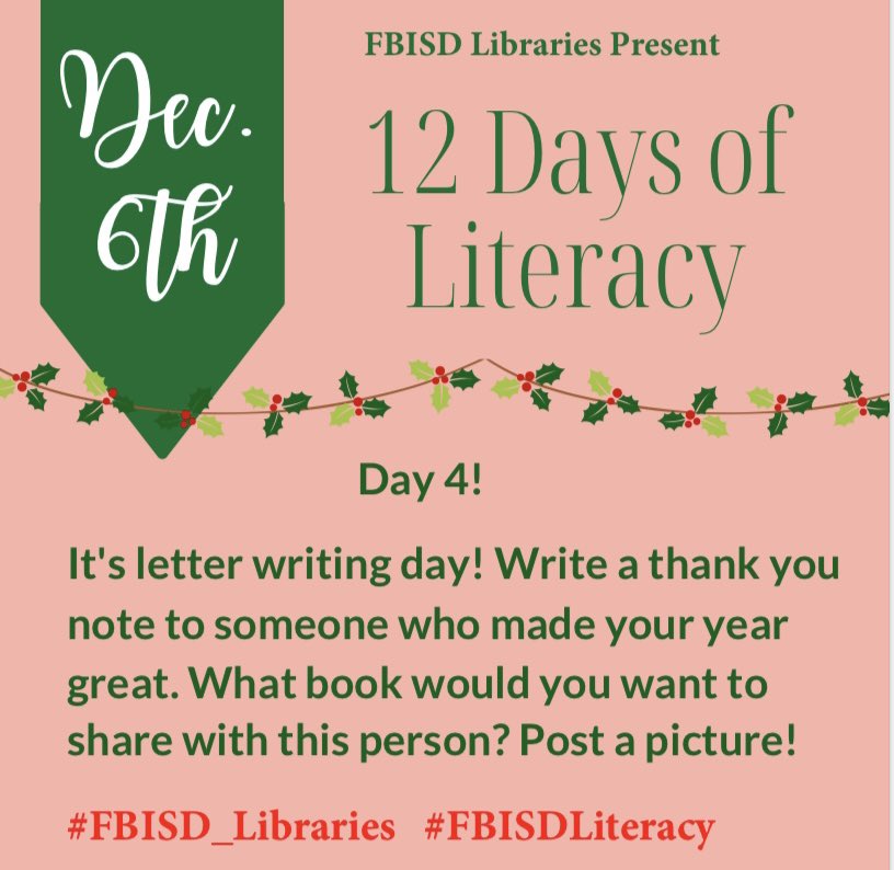 NikkieCrain's tweet photo. 12 Days of Literacy! Letter Writing Day!
#EGEReads! #FBISD_Libraries #FBISDLiteracy @GE_Eagles @FBISD_Libraries @FBISDLiteracy https://t.co/bXG4aq6Eqp