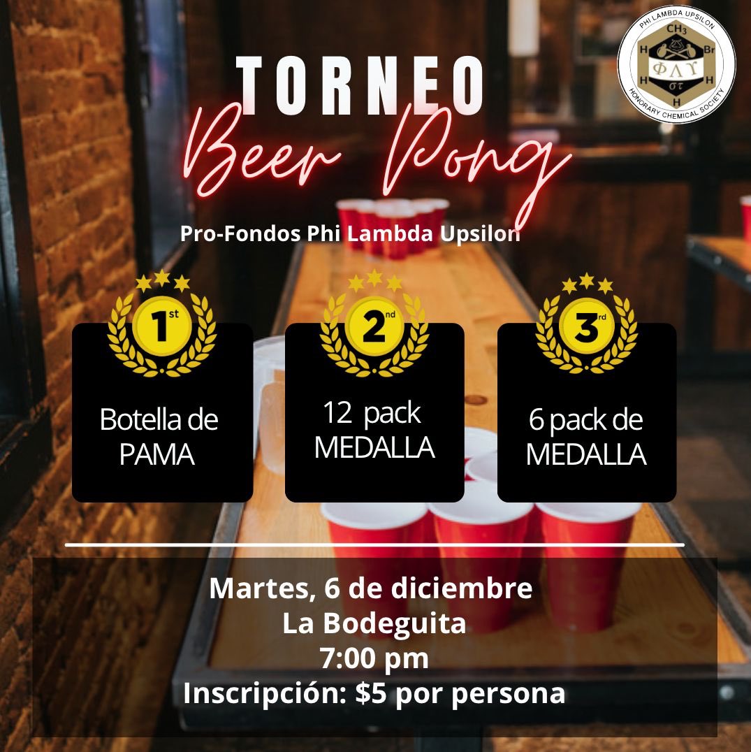 PluUprm's tweet photo. 🚨Torneo de Beer Pong Pro-Fondos PLU🚨

Será el próximo Martes 6 de diciembre a las 7:00pm en La Bodeguita y es abierto para nuestros miembros y el Público General‼️‼️

🍻🍻La inscripción son $5 
Pueden llenarlo con el link que aparecerá en el hilo o en la mesa de registro 🍻🍻 https://t.co/gmmXGzs3b2