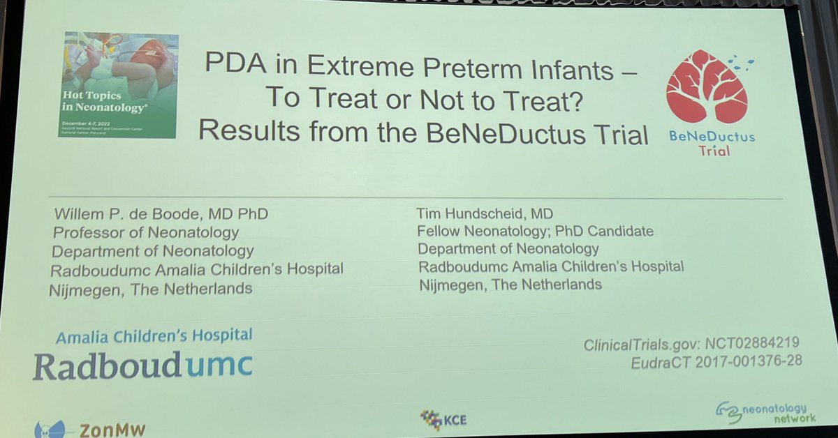 Should we treat a PDA in extreme preterm infants.

 @Willem_Pieter presents the BeNeDuctus trial 

#HotTopicsNeo2022#neoEBM