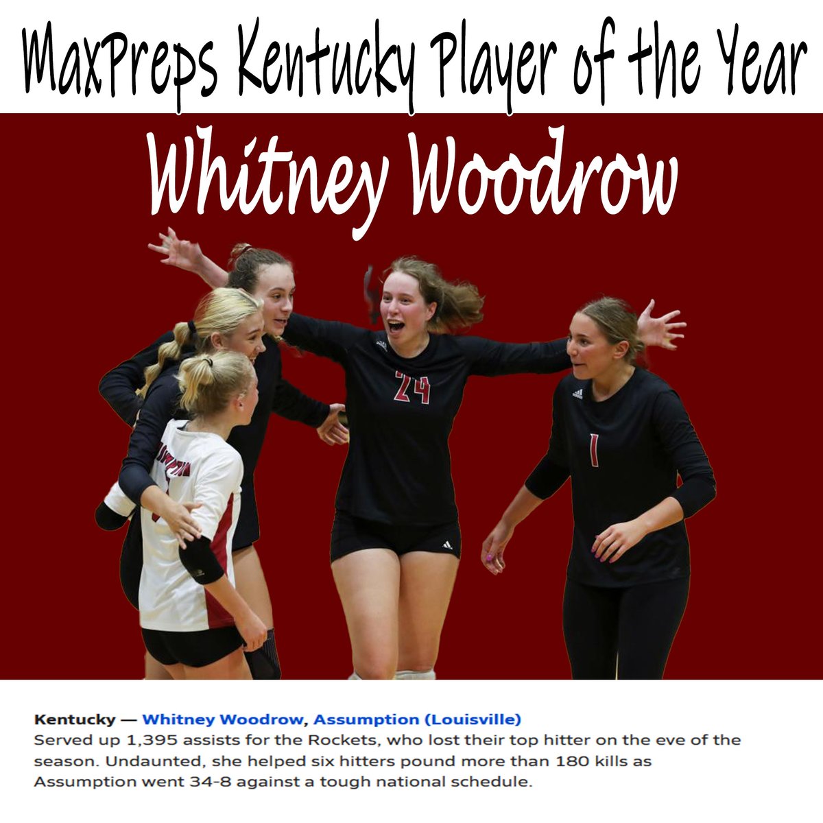 KIVAVB's tweet image. Congrats to Assumption Senior &amp;amp; KIVA 18 Red setter, Whitney Woodrow on being named the MaxPreps Kentucky POY! #KIVAPROUD #ChampionsTrain