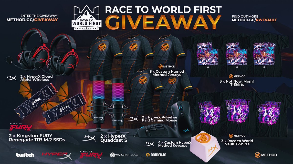 The Race to World First starts in a week &amp; we want to kick it off with a HUGE Giveaway! 

Thank you <a href="/HyperX/">HyperX</a> @Kingstontech

🔁 RT + LIKE
👤 FOLLOW <a href="/Method/">Method</a> <a href="/HyperX/">HyperX</a> @Kingstontech
🗨️ TAG A FRIEND
📎 More entries: method.gg/giveaways
