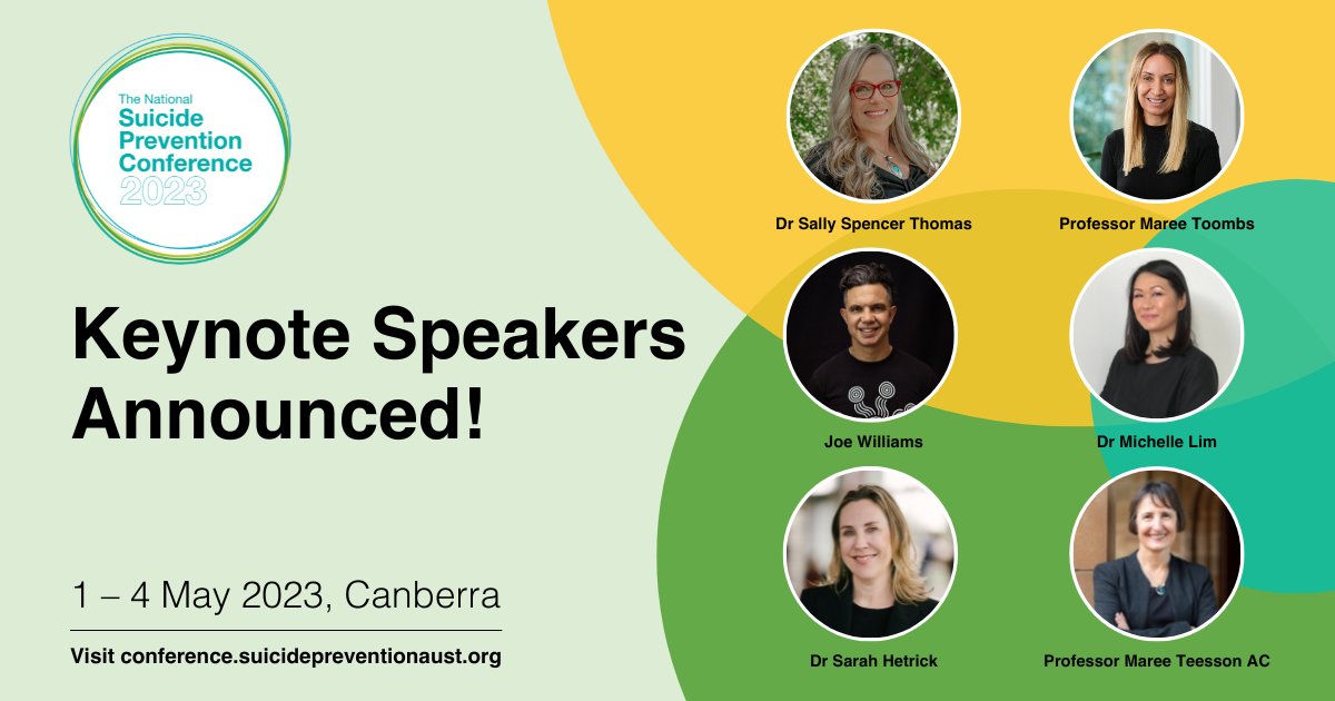 SuicidePrevAU's tweet photo. We are thrilled to share our Keynote Speakers who will join us at the 2023 National Suicide Prevention Conference.

Learn more https://t.co/uQp6D0FIOD
#NSPC23 #suicideprevention https://t.co/v9VtmbvJMy