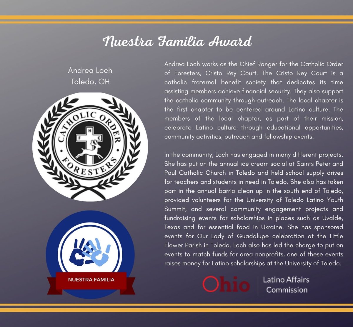 OCHLA_OH's tweet photo. Making a difference in the Toldeo community, we have Andrea Loch as our 2022 Nuestra Familia 🎉
#NuestraFamilia #LatinoMilitaryServiceOfDistinction #DHO #OCHLA https://t.co/6e0wUi5t3n