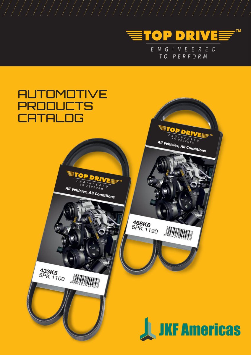 View and download the latest Top Drive® Automotive Products Catalog on the JKF Americas website: jkfamericas.com/catalogs. The automotive line includes:
• Belts – poly V belts, stretch poly-V belts, double sided poly-V belts, raw edge cog belts
• Hoses 
• Auto tensioners