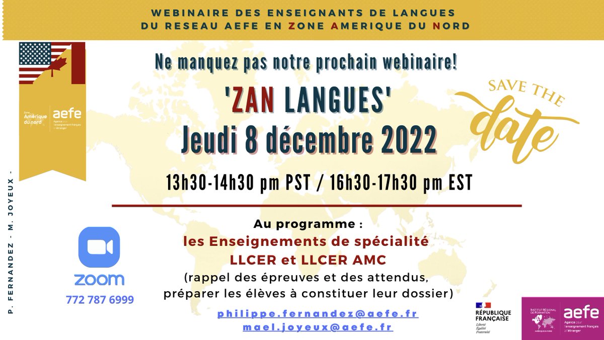 Rejoignez-nous pour le second webinaire ZAN langues. 
Il aura lieu le Jeudi 8 décembre à 1:30 pm PST/ 4:30 pm EST sur Zoom zoom.us/j/7727876999 
Au programme cette fois-ci : Les enseignements de spécialité LLCER et LLCER AMC