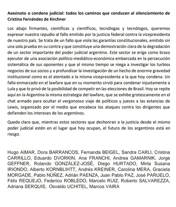 dhurtado171045's tweet photo. Lxs abajo firmantes, científicxs y tecnólogxs, queremos expresar nuestro repudio al fallo emitido por la justicia federal contra @CFKArgentina: https://t.co/W3V4jrNe2h
