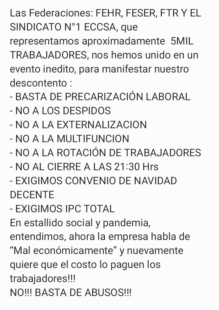 FTR2021's tweet photo. Las Federaciones: FEHR, FESER, FTR Y EL SINDICATO N°1 ECCSA, que representamos aproximadamente  5MIL TRABAJADORES, nos hemos unido en un evento inedito, para manifestar nuestro descontento..... https://t.co/66gBeHW5Uq
