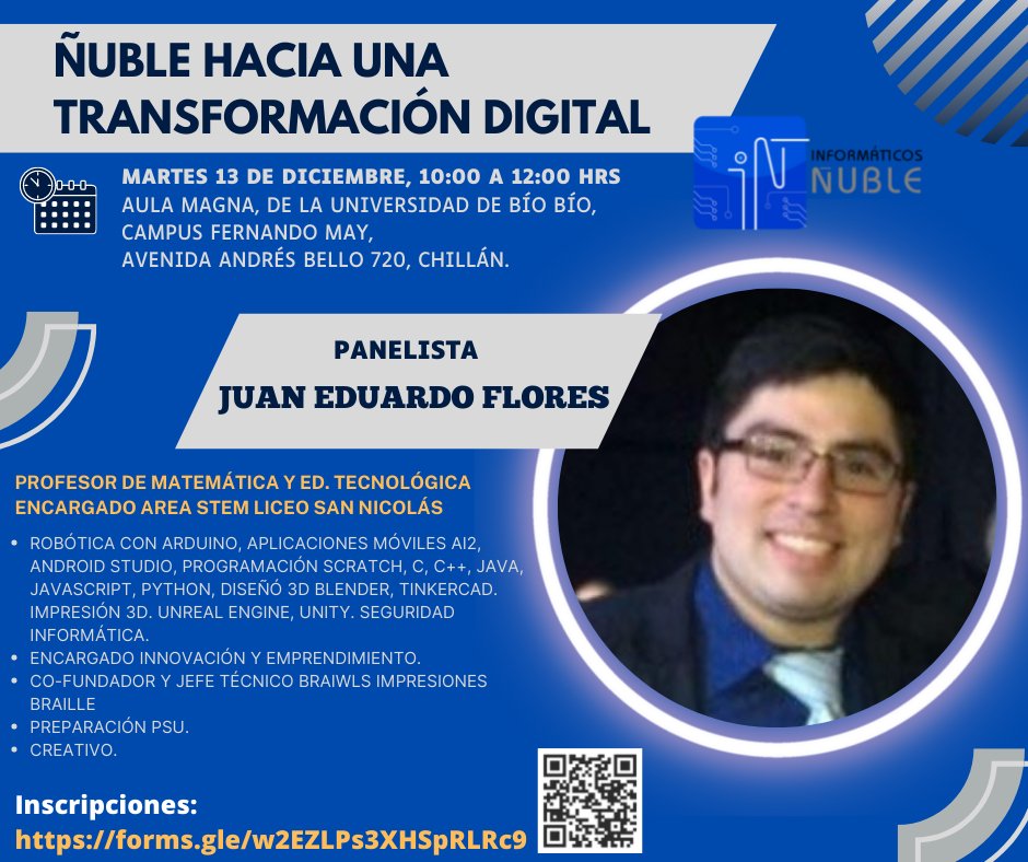 Este es el equipo de panelistas muy destacados que nos van a acompañar el próximo martes 13 de diciembre, de 10:00 a 12:00 am, en nuestro evento de cierre de año tecnológico de Informáticos Ñuble.

En el Aula Magna de UBB.

Inscríbase y no falte: forms.gle/DvHE5yJ7ygUiqy…
