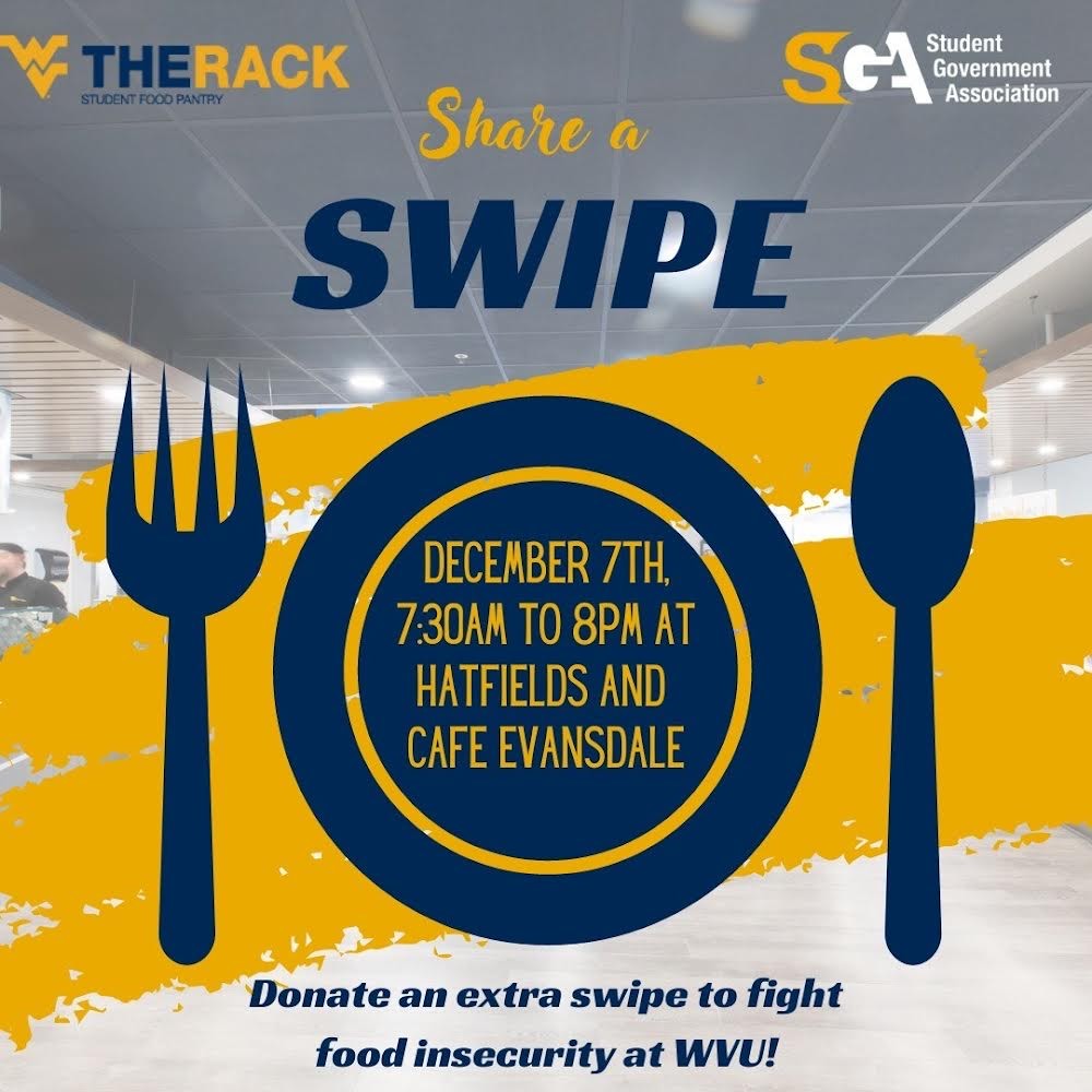 Getting breakfast at Hatfields or Café Evansdale? Consider donating a meal swipe today to help fight food insecurity on campus. Everyone can donate 1 swipe, so spread the word!