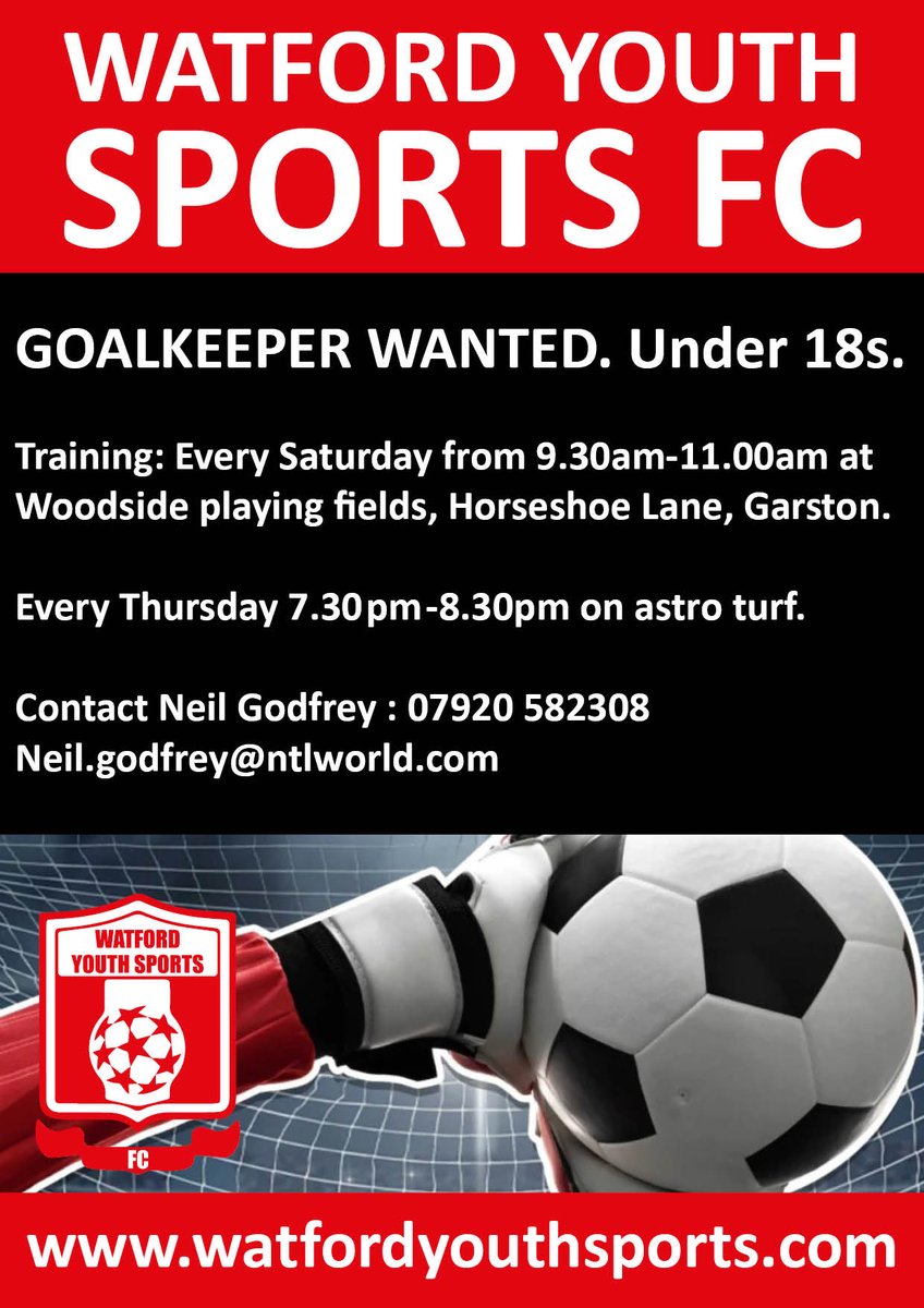 Our Under 18s URGENTLY require a goalkeeper to join their team. Please contact Neil ASAP.
watfordyouthsports.com/teams/under-18…