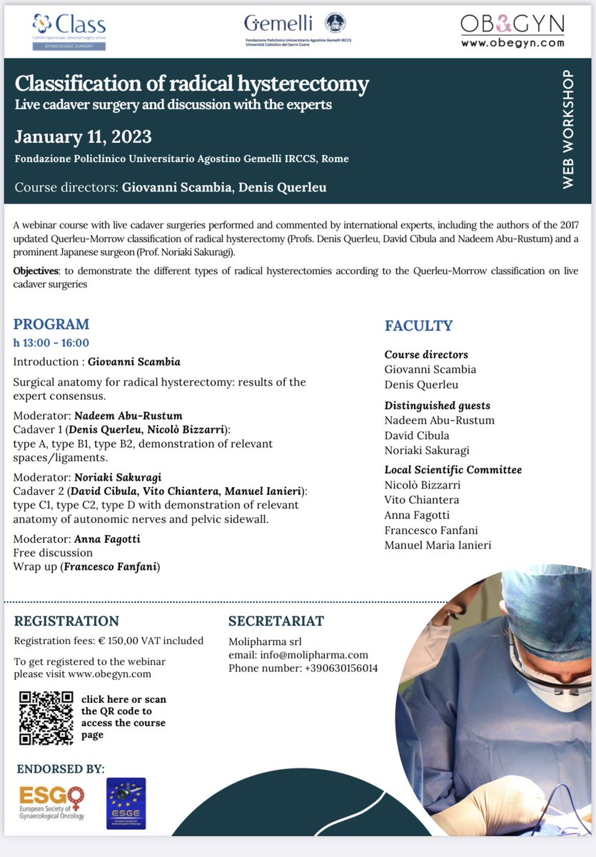 Excited to share the international LIVE cadaver workshop on “Classification of radical hysterectomy” which will be held online on 11th Jan 2023!

For registrations:
obegyn.com/gest/congresso…

<a href="/ENYGO_official/">European Network of Young Gynae Oncologists</a> <a href="/ESGO_society/">ESGO</a> <a href="/ESGEorg/">European Society of Gynaecological Endoscopy</a> <a href="/IJGCfellows/">IJGC Fellows</a> <a href="/annafagottimd/">Anna Fagotti</a> <a href="/frafanfani/">Francesco Fanfani</a> <a href="/IGCSociety/">IGCS</a>
