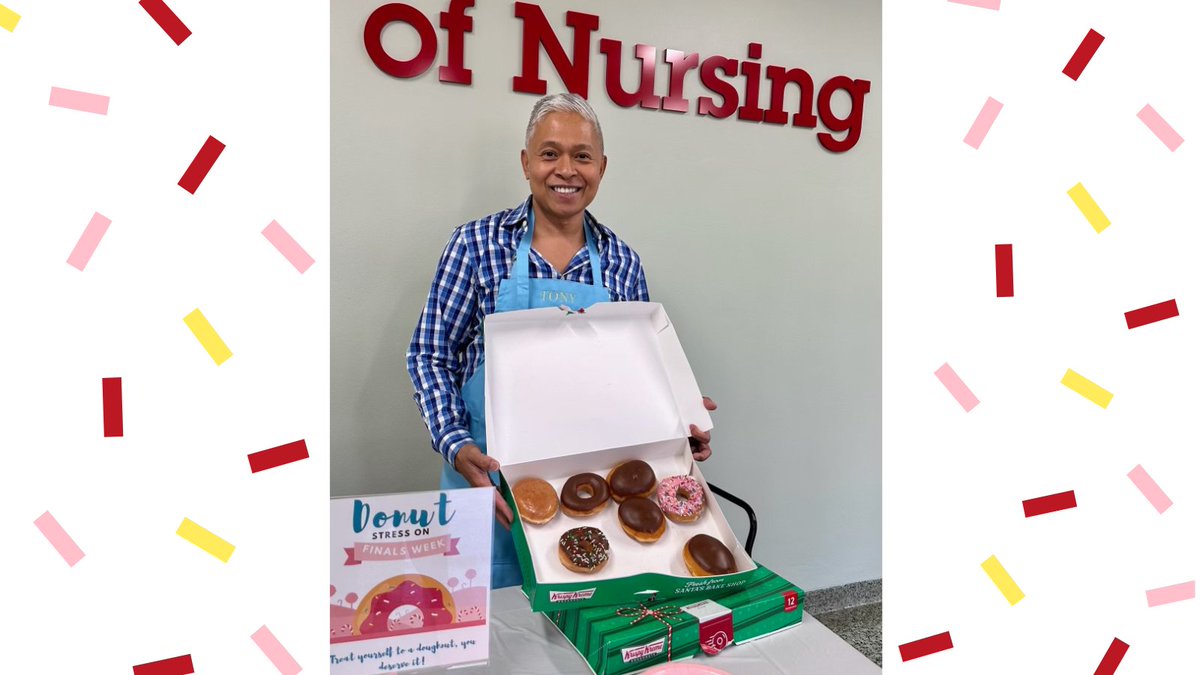 barryuhealth's tweet photo. It's #finalsweek in nursing and Dean Umadhay shares @KrispyKreme doughnuts to remind students "donut stress during exam week". https://t.co/KdpceicHY2