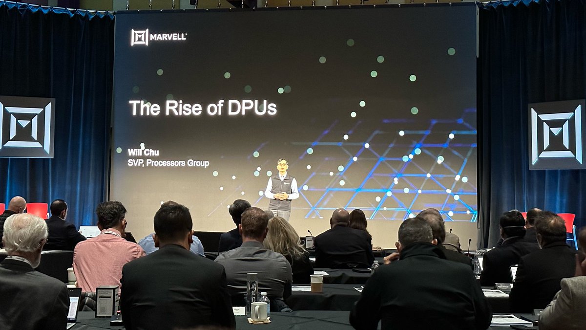 MarvellTech's tweet photo. Will Chu talks on the rise of DPUs, from cloud-to-edge, empowering 5G carrier, enterprise & cloud, with Marvell’s industry-leading OCTEON 10 DPU family. OCTEON 10 CN106 DPUs shipping today & CN102 & CN103 DPUs anticipated to sample in Q1 CY23. #Marvell2022IADay https://t.co/lwLXLrZ9aI