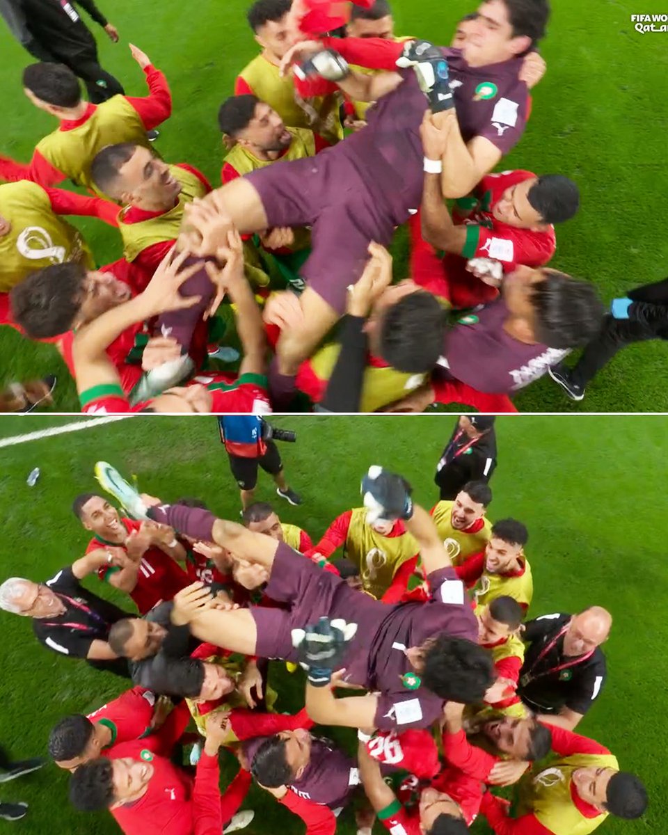 Morocco celebrated their Round of 16 win against Spain by tossing their GK in the air ❤️

He saved all three penalties from Spain! 👏