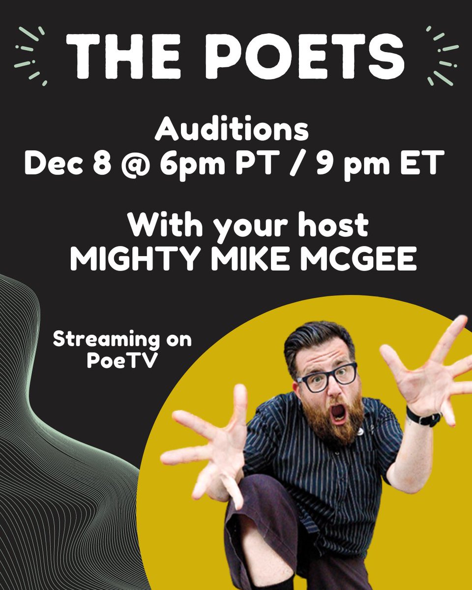 PoetryLabNews's tweet photo. THE POETS is this Thursday at 6 pm PT / 9 pm ET on #PoeTV ⚡️🎤⚡️

Hosted by the amazing Might Mike McGee ‼️ 

We have extended the deadline to Dec 7 @ midnight for any last minute poems. 

Streaming Thursday on https://t.co/B2NJyX8nVv 

#poetry #spokenword #PoeTV https://t.co/qGMTk9eRKn