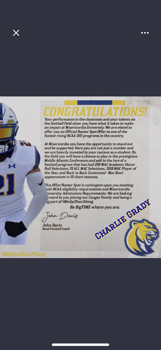 CharlieGrady8's tweet photo. Blessed to receive and offer from Misericordia !!!!! @Coach_BWiLL21 @MUCougarsFB @Coach_Cottle @K_Price73 @Coach_McCrann 
@coachvogelsang
@CoachRGaskins2 https://t.co/E8r5oZP6TJ