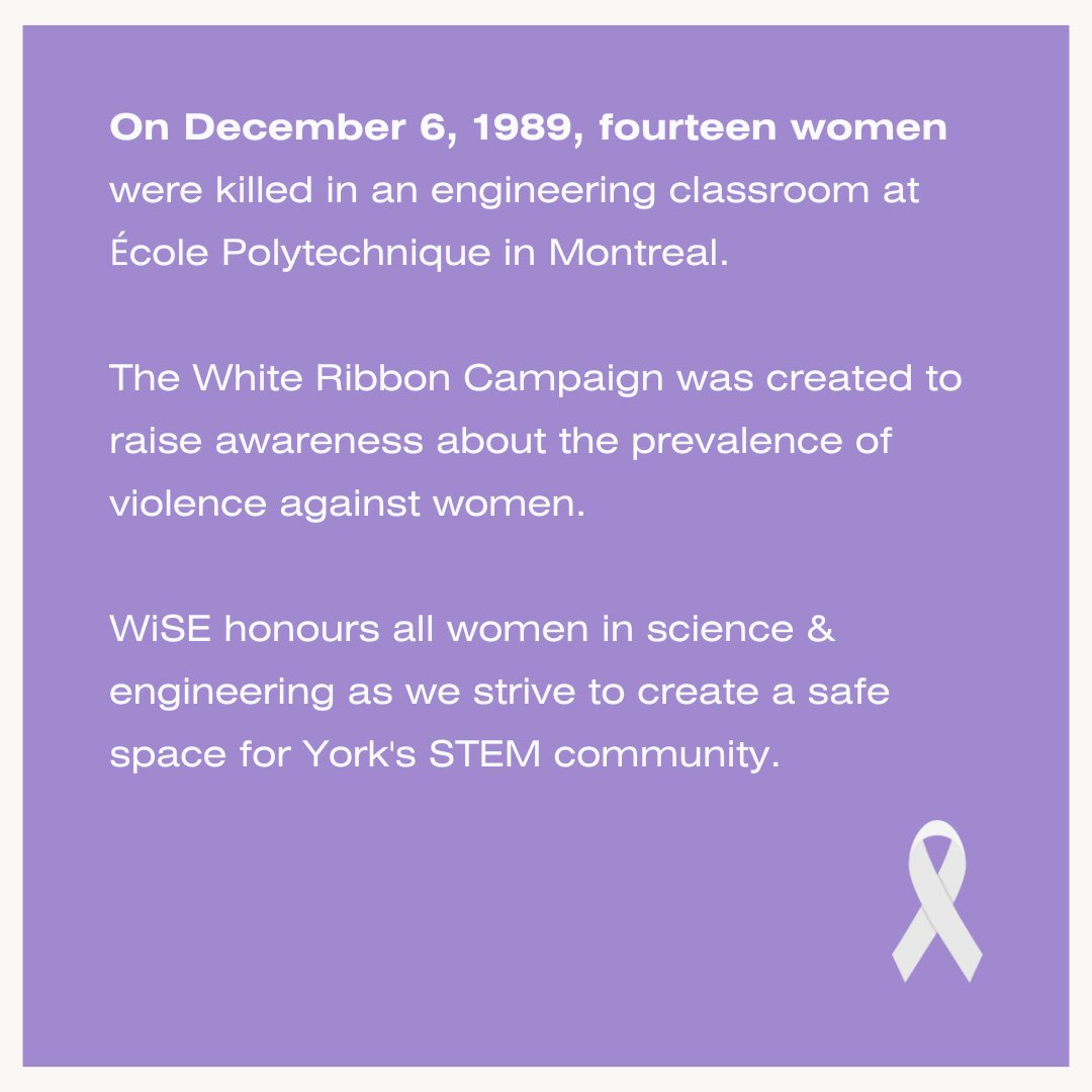 Today is National Day of Remembrance and Action on Violence Against Women. To honour the victims you can wear a white ribbon and can pick one up at Lassonde and Berg. Let's continue building safe environments for all women!
More information:  women-gender-equality.canada.ca/en/commemorati…

#wise #yorku