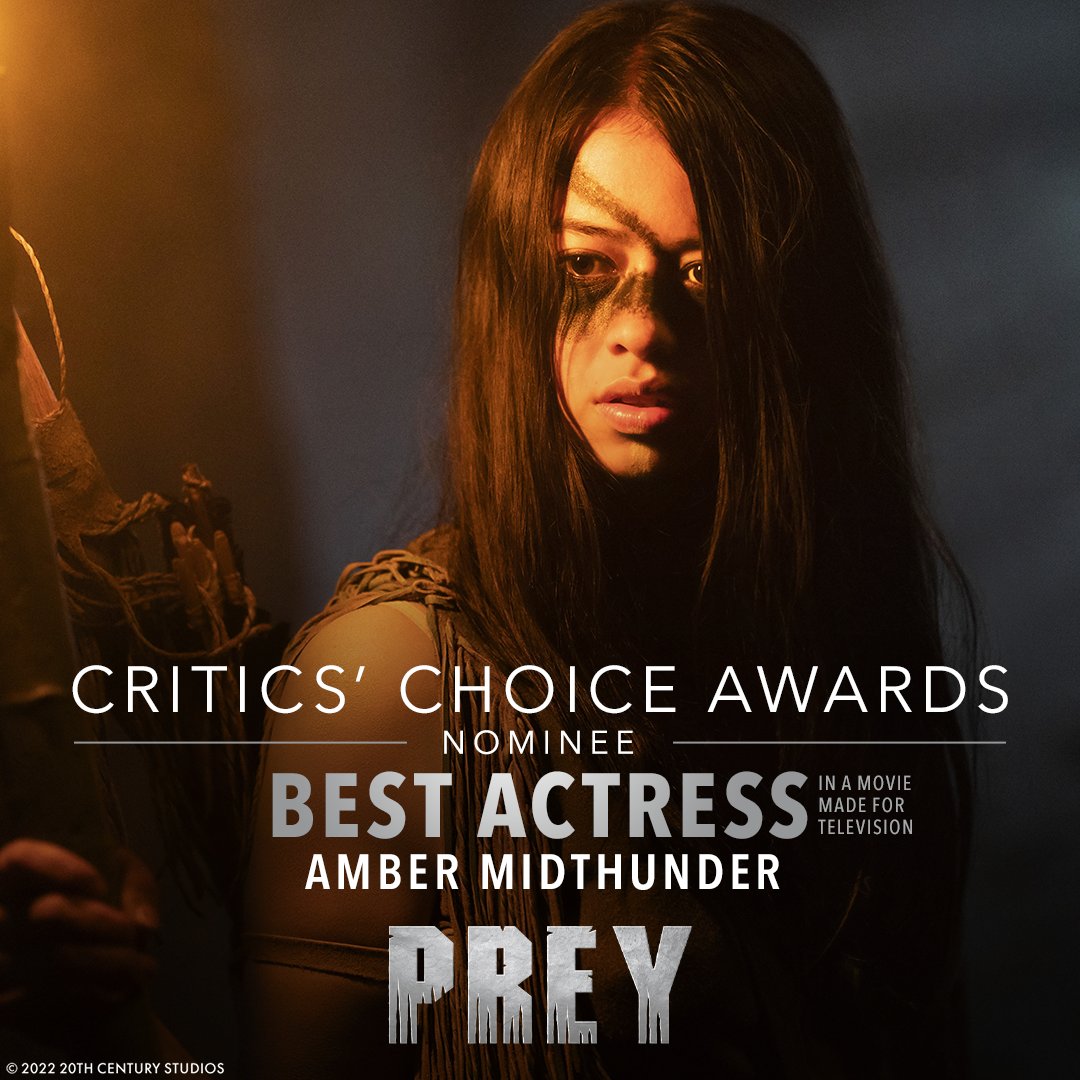 Predator's tweet photo. Congratulations to @AmberMidthunder for her #CriticsChoice Awards nomination for Best Actress in a Movie Made for Television for #PreyMovie. https://t.co/Yt9B4gbhWf