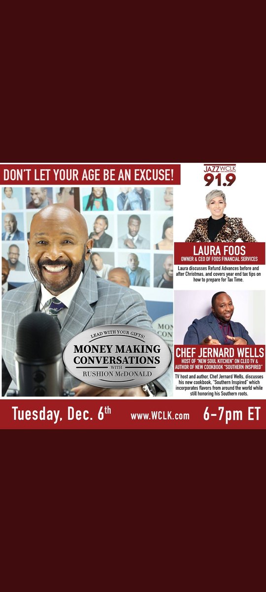 This evening 6PM ET! CEO Laura Foos and @Chefjernard join me on @Jazz919WCLKatl We will cover everything from tax advances for the holidays to season 2 of New Soul Kitchen on Cleo TV! Listen here: tunein.com/embed/player/s…