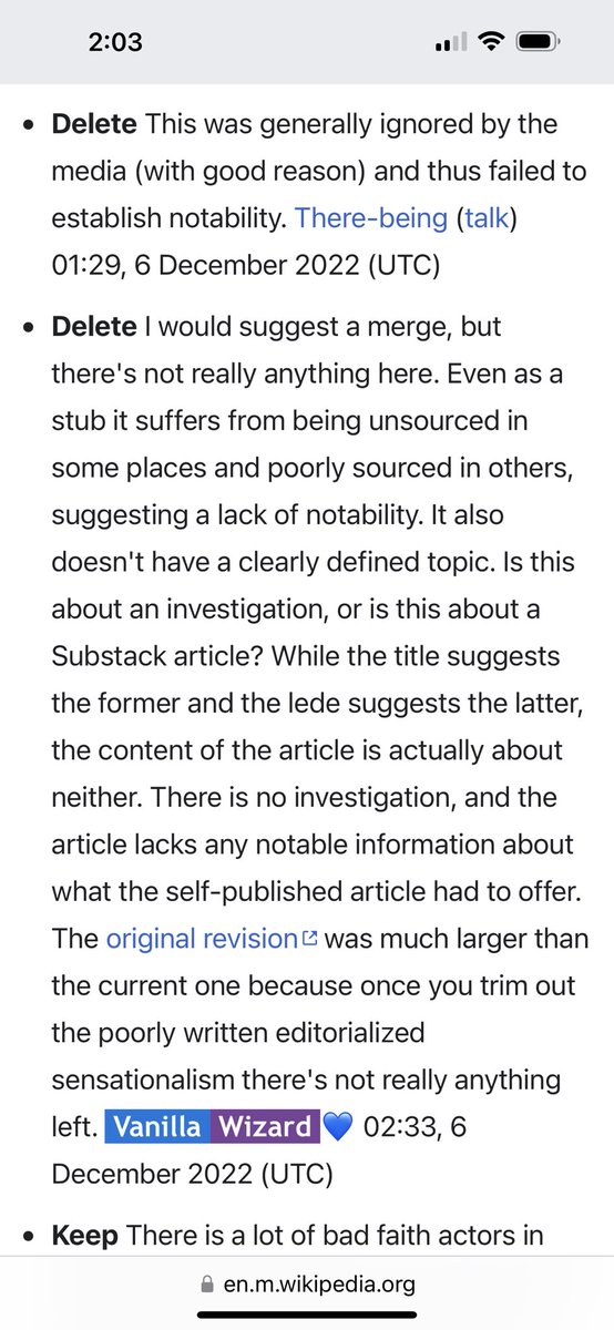 ianmiles's tweet image. Wikipedia is voting on the deletion of the entry for Elon Musk’s Twitter Files because the editors have deemed it a “nothing burger” that is “not notable” because the media didn’t give it enough coverage. These people work hand in hand with the MSM to shape the narrative.