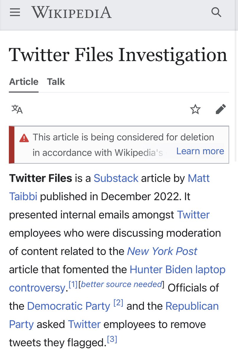 ianmiles's tweet image. Wikipedia is voting on the deletion of the entry for Elon Musk’s Twitter Files because the editors have deemed it a “nothing burger” that is “not notable” because the media didn’t give it enough coverage. These people work hand in hand with the MSM to shape the narrative.