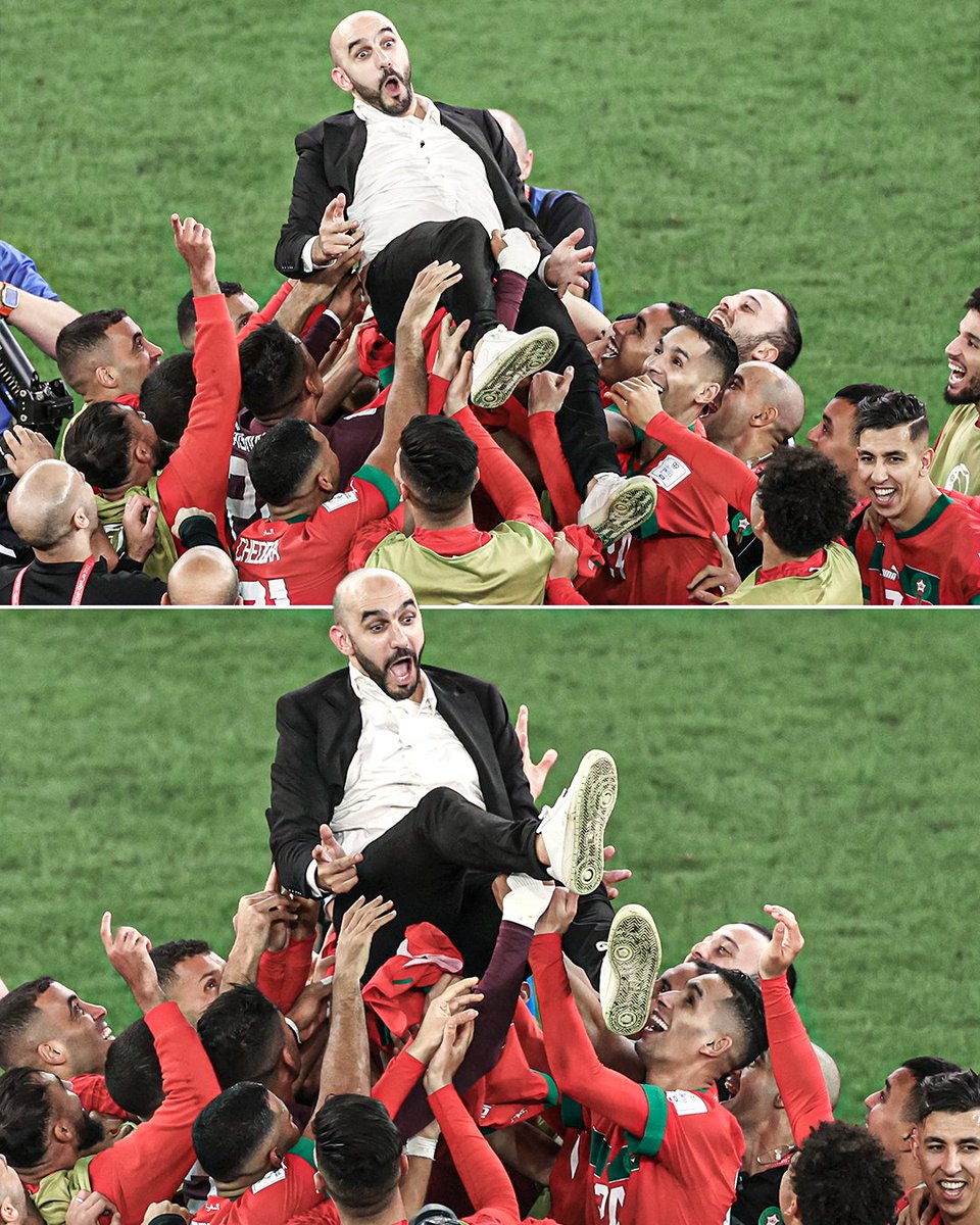 ESPNFC's tweet photo. Morocco coach Walid Regragui wasn't ready to get tossed in the air 😂🇲🇦 https://t.co/KTHlU1X18u