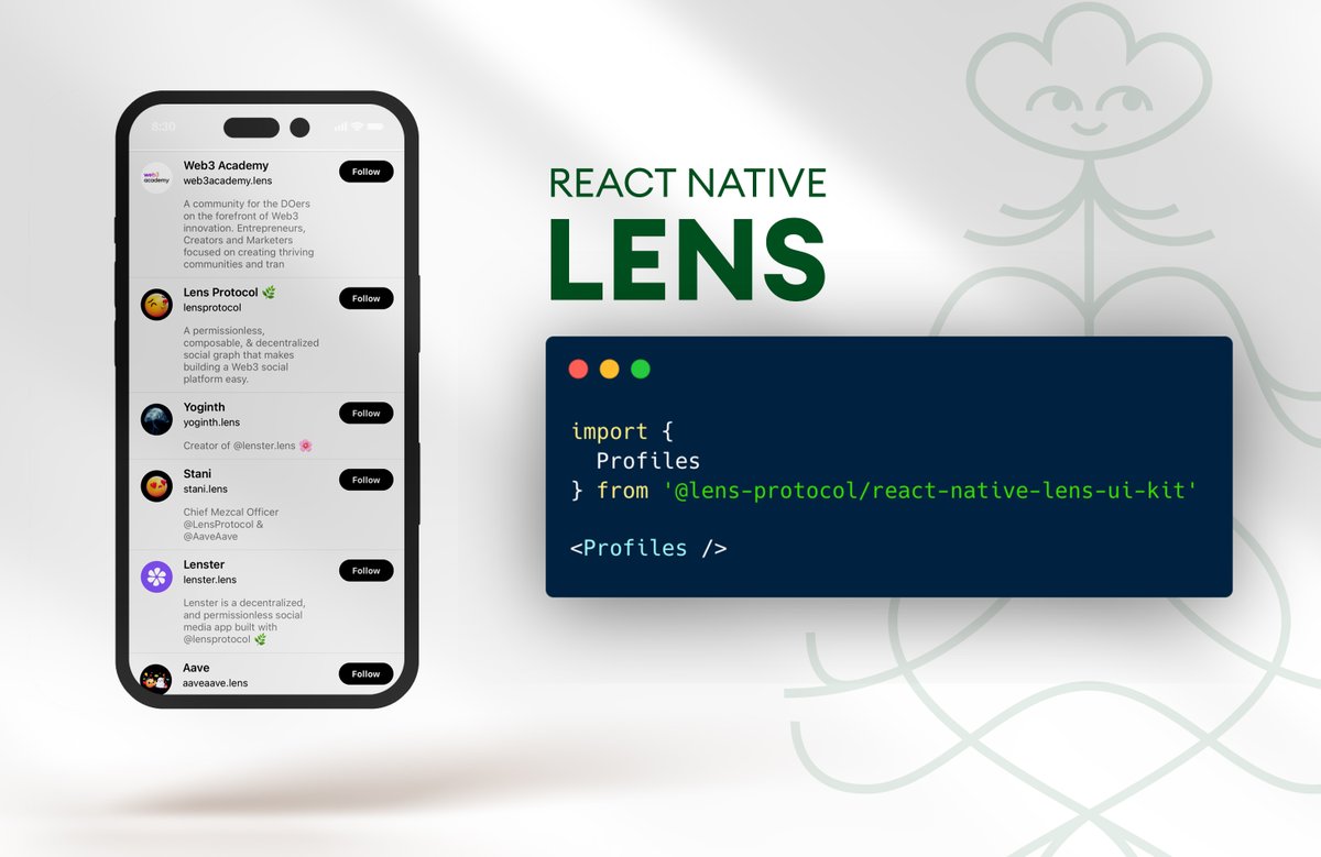dabit3's tweet image. Today I'm excited to announce the release of React Native Lens UI Kit 🚀🌿
Get started building mobile apps with social features in as little as 2 lines of code 🤯
Check it out and give it a star here 🌟🌟🌟
github.com/lens-protocol/…
Here's why we decided to build this 👇