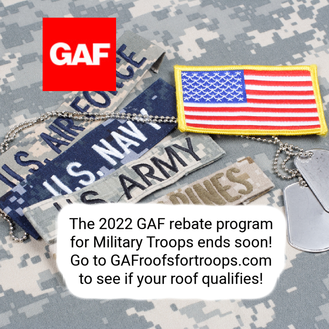 CRSRoofingInc's tweet photo. If you or a member of your household currently serves in the armed forces,
and you had a @gafroofing roof installed between 1-1-22 and 12-31-2022, you could be eligible.
Find out by going to their website...
https://t.co/7ZBgejDrdG
#roofing #militarydiscount https://t.co/kLIhHR5YEd