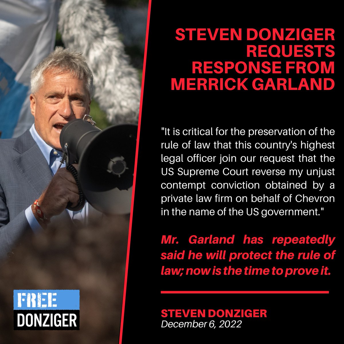 SDonziger's tweet photo. BREAKING: Just released a statement requesting that US Attorney General Garland urge our nation's highest court to reverse my private Chevron prosecution. This is a critical time – the DOJ must respond to the Supreme Court by next week.

Press release: https://t.co/glLOMo7Duf https://t.co/WomaLWOepr