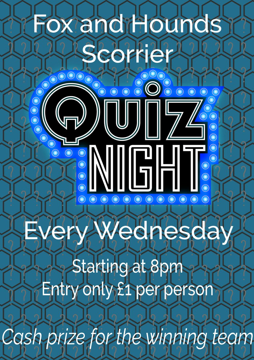 ForeQuizzes's tweet photo. Wednesday is a  fun quiz night at the Fox and Hounds Scorrier starting at 8 pm.
Entry is just £1 per person with a maximum team size of 6.
There is a cash prize for the winning team.
Will the  White Roses make it two weeks in a row?  Will there be another tie-break this week? https://t.co/ol2QInSMA1