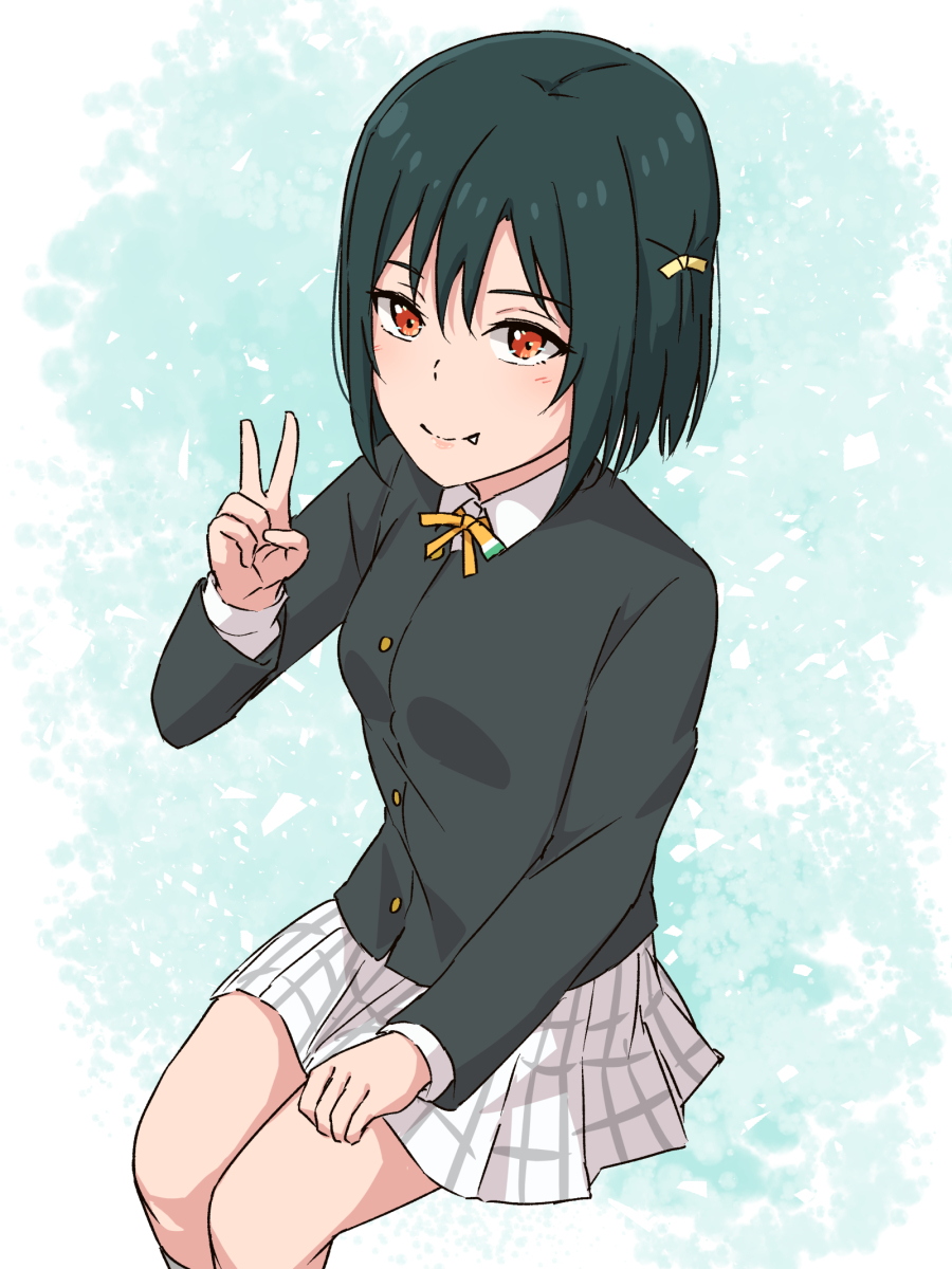 1girl nijigasaki academy school uniform school uniform solo dark green hair fang orange eyes  illustration images