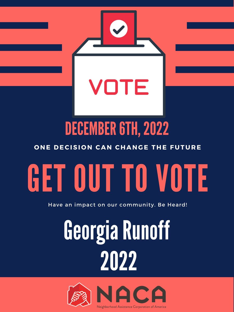 NACA_Official's tweet photo. Let’s get out and vote TODAY for the Georgia Runoff 2022.
Check-in with your county registrar and board of elections for voting locations.
#GApoll #NACAgetthevote #vote #BeHeard #GeorgiaRunoff2022
Polling sites open today, Tuesday, December 6, 2022, between 7 am-7 pm. https://t.co/YTMnC62Df9