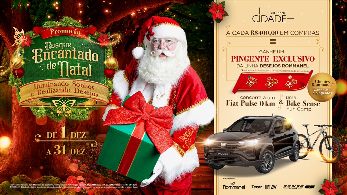 Shopping_Cidade's tweet photo. O Bosque Encantado quer realizar os seus desejos natalinos 🎄Nas compras acima de R$400, ganhe um PINGENTE EXCLUSIVO da Linha Desejos da Rommanel. Além do pingente, você ganha um número da sorte para concorrer a um 🚗 Fiat Pulse 0Km + 🚲 uma Bike Sense Fun Cop. Venha e participe! https://t.co/5v61SKesfW