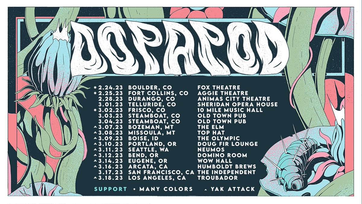Dopapod's tweet photo. ❄️WINTOUR ANNOUNCE❄️ We’re headed to the West Coast this Winter joined by openers #ManyColors and @yakattackmusic. Tickets go on-sale this Friday 🔗 https://t.co/lE5BlUPaKK https://t.co/6KFZFLscKv