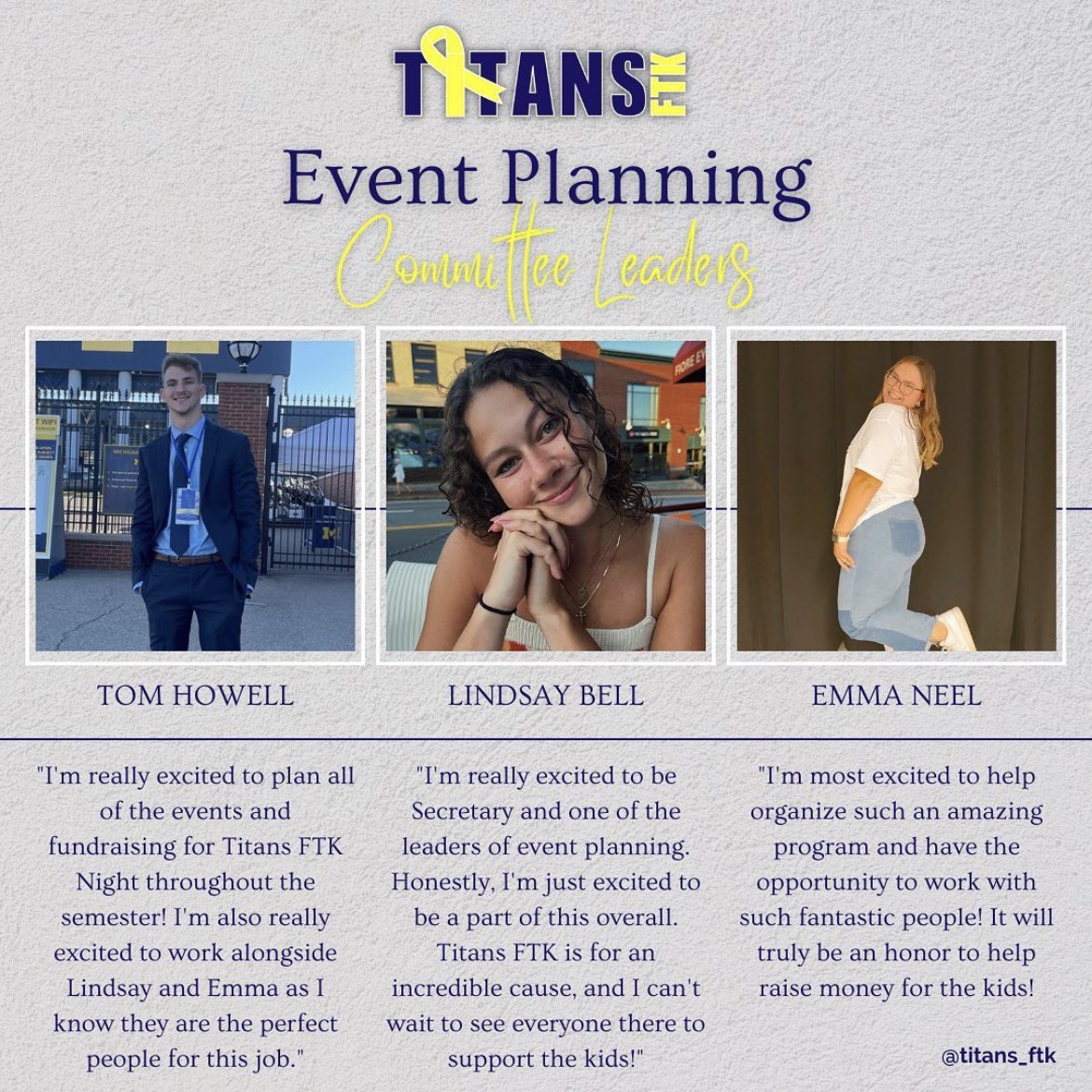 Starting off with our committee introductions, please welcome our Event Planning Committee Leaders! We are so excited to see what our three leaders have in store for next semester. #FTK🎗️