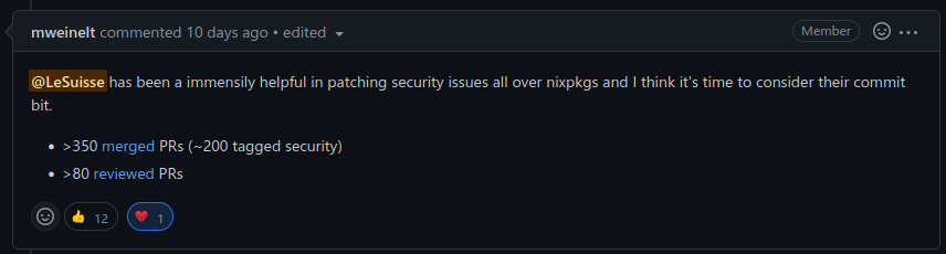 It looks like I am a nixpkgs committer now 🎉. Thanks for the nomination <a href="/hexa_de/">hexa</a>!
