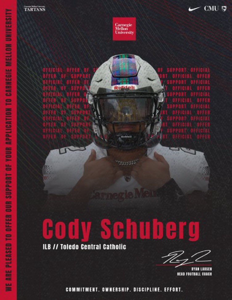 Cody Schuberg ✞ (@codyschuberg) on Twitter photo After a great talk with <a href="/CoachGibboney/">Coach Gibboney</a> I’m thankful and blessed to have earned an offer from Carnegie Mellon University. Roll Tarts!! <a href="/TartanFB/">Carnegie Mellon Football</a> After a great talk with <a href="/CoachGibboney/">Coach Gibboney</a> I’m thankful and blessed to have earned an offer from Carnegie Mellon University. Roll Tarts!! <a href="/TartanFB/">Carnegie Mellon Football</a>