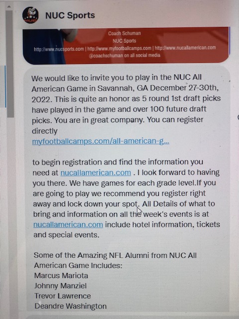 IsaiahBickham1's tweet photo. Couple Coaches reaching out for prospect info, PWO offer, and an invite to a Senior North-South Bowl in GA is a good way to start the morning. @WhitneyFball @whsboosterfball @A2J15 @PGregorian @PrepRedzoneCA @TopPreps #stillnotdoneyet https://t.co/OkqVTi5FSA