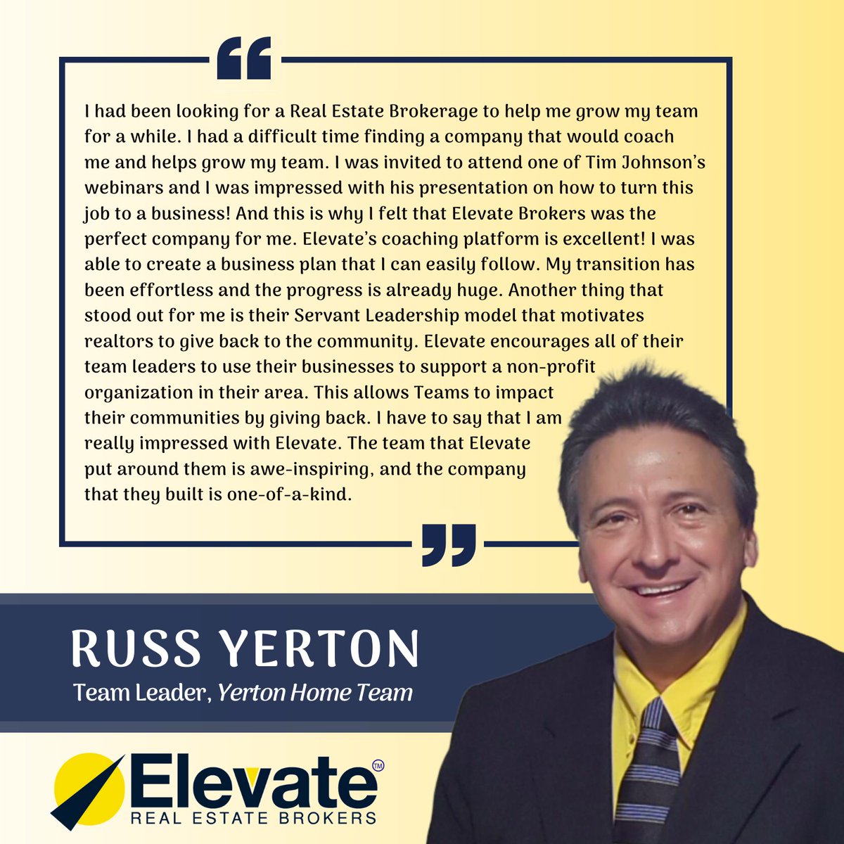 ElevateBrokers's tweet photo. We are so excited to share this awesome #testimonial from one of our #Superstar Team Leaders, Russ Yerton! Check out what he has to say about Elevate:

Thank you Russ! We are truly inspired by your kind words! We look forward to more years of successful partnership with you. https://t.co/8X9tlOrSr1