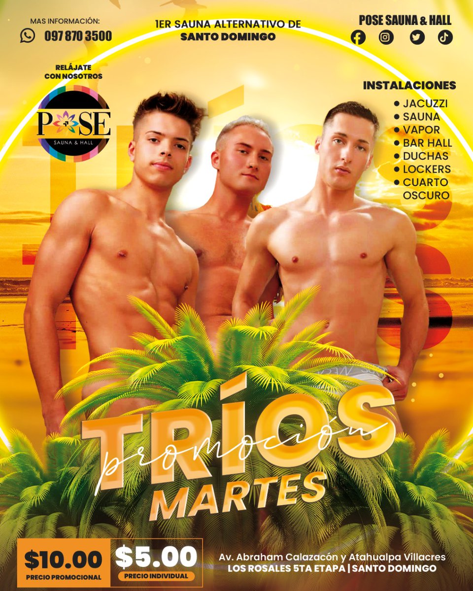 HallPose's tweet photo. Los martes es POSE son de super promo. Entran 3 personas por solo 10$. Disfruta de todas las áreas, sauna, turco, jacuzzi de hidromasaje, cuarto oscuro, duchas y una terraza bar. Abierto todos los días desde las 3 de la tarde. Te esperamos https://t.co/dMphQ8hiH2