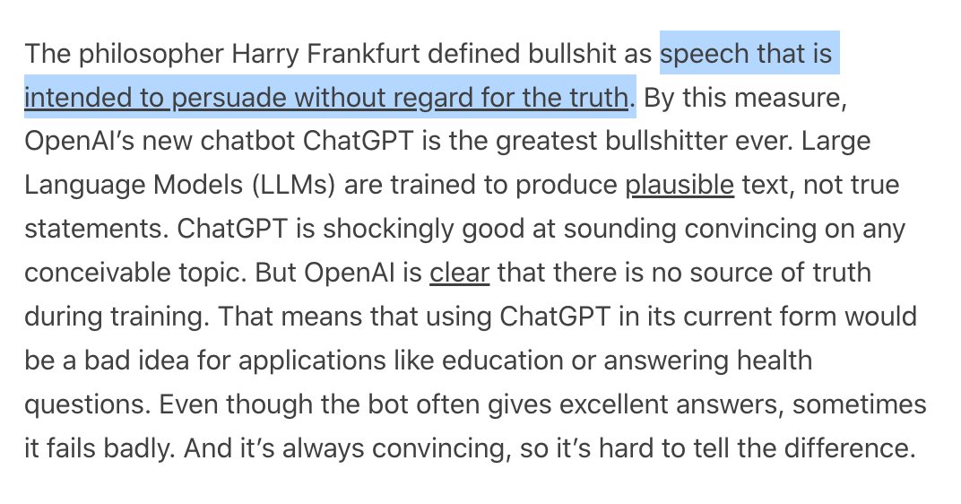 ChatGPT is the best bullshitter there's ever been. Despite the hype, it won't replace search and isn't a good learning tool. But it's still exciting! @sayashk and I identify three specific areas where ChatGPT is very useful despite its limitations. aisnakeoil.substack.com/p/chatgpt-is-a…