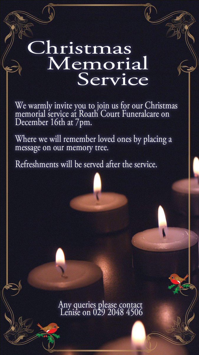 December 16th there is a Christmas memorial service at Roath court funeral home everyone is welcome. 

❤️ please RT 🕯️ DM for more information <a href="/coopuk/">Co-op</a> <a href="/CoopFuneralcare/">Co-op Funeralcare</a> <a href="/Shelly91626829/">Shelly Lewis</a> <a href="/ZoeSelby1/">Zoe Selby 🎩</a> <a href="/Zach_Pioneer/">Zach Lewis - CO OP Member Pioneer</a> @ailsa_logan #ItsWhatWeDo #community #memorial #service #funeralcare 🕯️