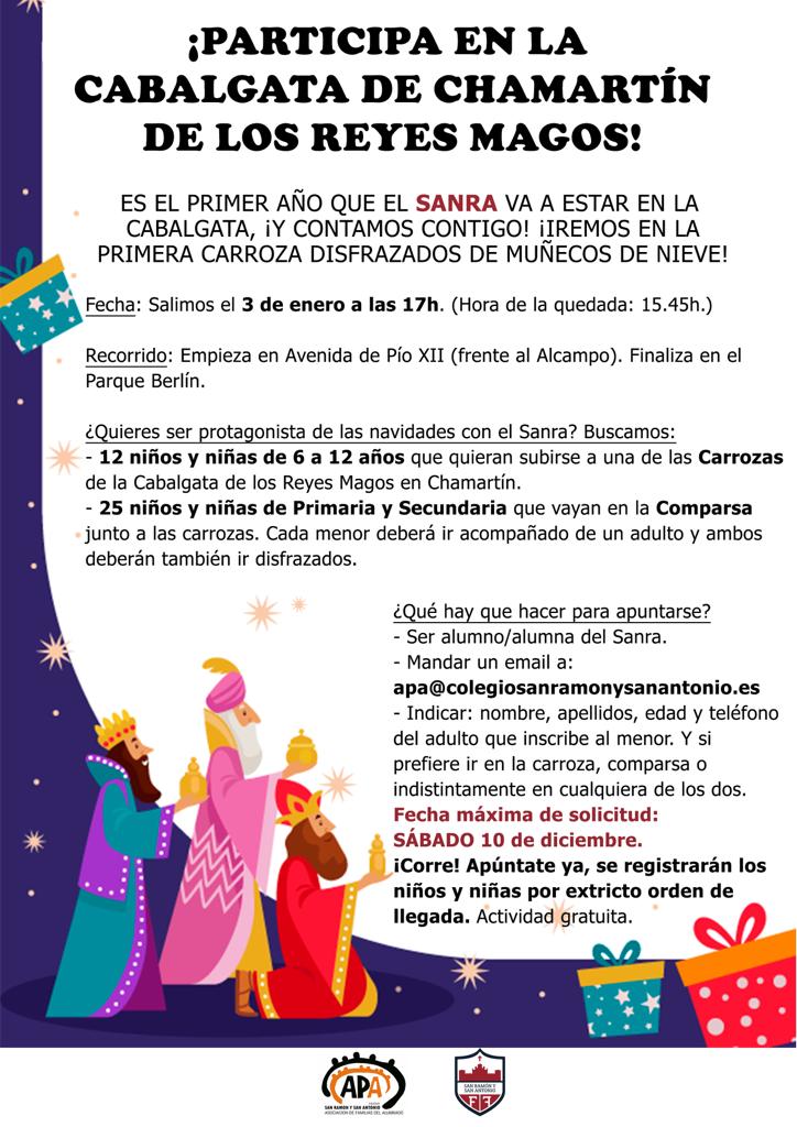 No os la podéis perder! Cabalgata de Reyes del barrio! El Sanra estará por allí!

Cualquier duda: apa@colegiosanramonysanantonio.es
jchuete@colegiosanramonysanantonio.es