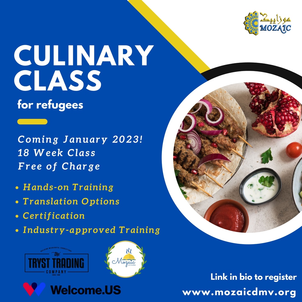 MozaicDMV's tweet photo. 👨‍🍳 Attention aspiring refugee chefs! Have you registered for our FREE Mozaic Kitchen Culinary Classes for Refugees? 🍳⁠

Register here: https://t.co/F4p53lpBNn
⁠
Special thanks to sponsors https://t.co/qb6lK9x37G and Tryst Trading Company.

#culinary #cooking #chef #foodie https://t.co/BgyiOxcEPv