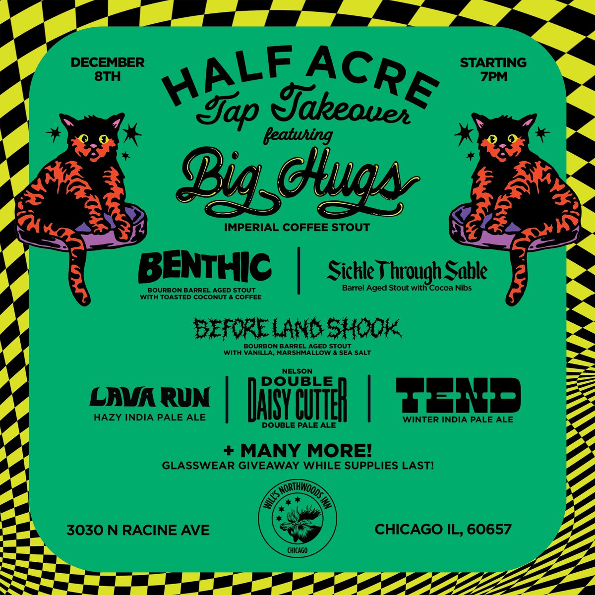 Half Acre is bringing Big Hugs back to Will’s on Thu 12/8 @ 7pm…along with:
Benthic, Sickle Through Sable, Before Land Shook, Lava Run, Fader, and Nelson Double Daisy Cutter Double Pale Ale. Event up on FB.