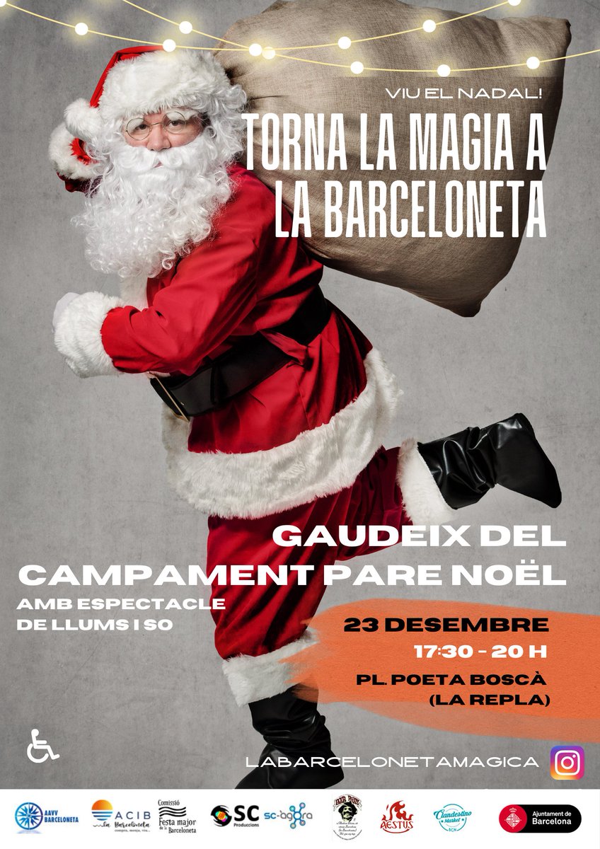 aavvbarceloneta's tweet image. Torna el campament del Pare Noël! 🎅🤶

📆 Divendres 23 de desembre
⌚ 17:30 h - 20 h
📍Pl. Poeta Boscà (La Repla)

✔️ ACTIVITAT GRATUÏTA 

Patrocinat per @nebipinol

#AAVVBarceloneta #ViuelNadal #LaBarcelonetaMàgica #Nadal #Navidad #xmas #papanoel #parenoel #papanoel🎅#papánoel